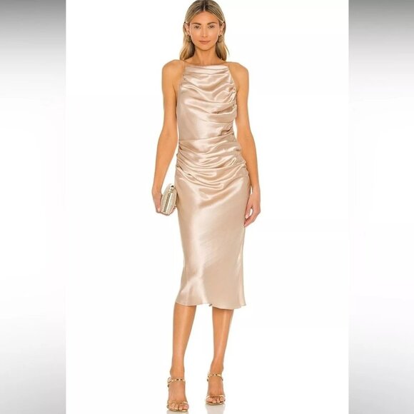 Amanda Uprichard Georgina Silk Satin Dress Ruched Low Back Midi Bone Beige S